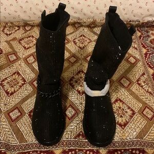 NIB Black Rhinestone Mid-Calf Boots with Chain Trim